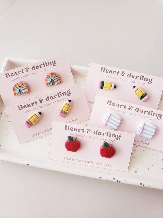 Teacher Clay Stud Earrings – Pencil, Apple,...