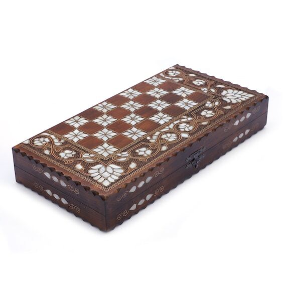 Handmade Walnut Backgammon Set: Mother of Pea...