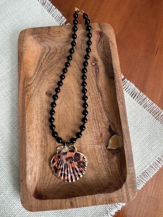 Black Agate Jaguar Print Shell Statement Neck...