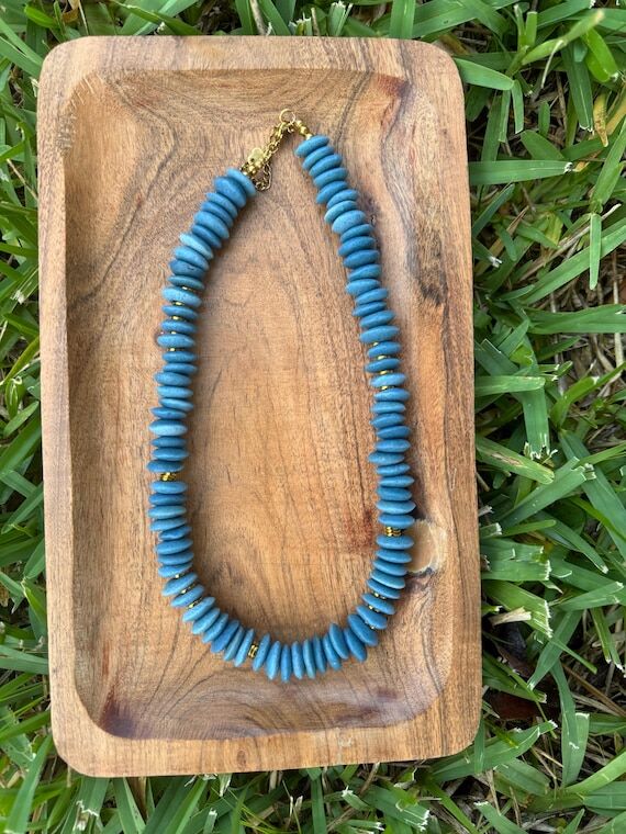 Denim Blue and Gold Ashanti Glass Beaded Neck...