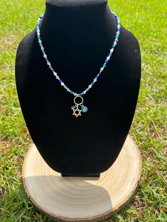 Star of David Freshwater Lapiz & Jade Necklac...