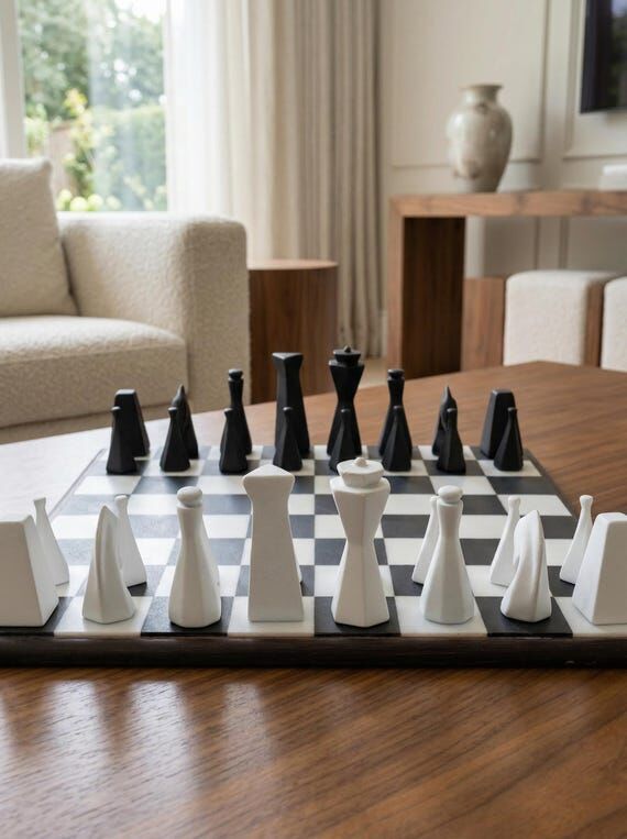 Minimalist Chess Set, Modern Wooden Board, Lu...