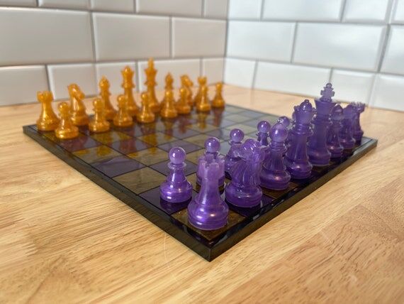 Handmade Purple and Gold Resin Chess and Chec...