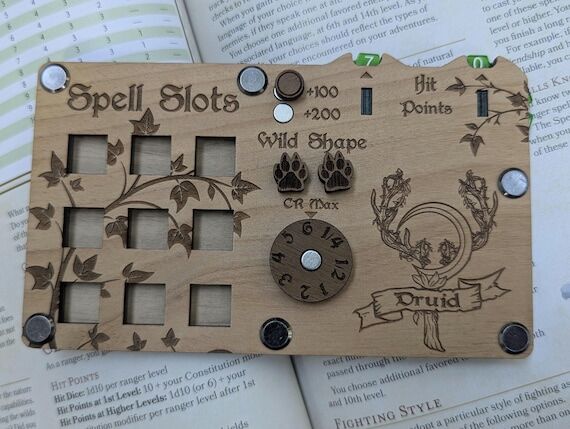 Handmade Wooden DND Druid Spell Tracker, HP a...