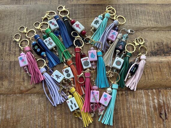 Handmade Mahjong Tile Bag Charm with Tassel, ...
