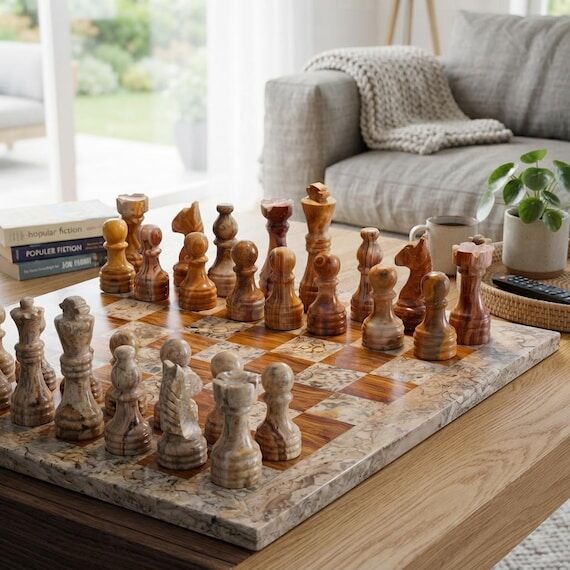 Handmade Marble Chess Set Fossil Coral & Brow...
