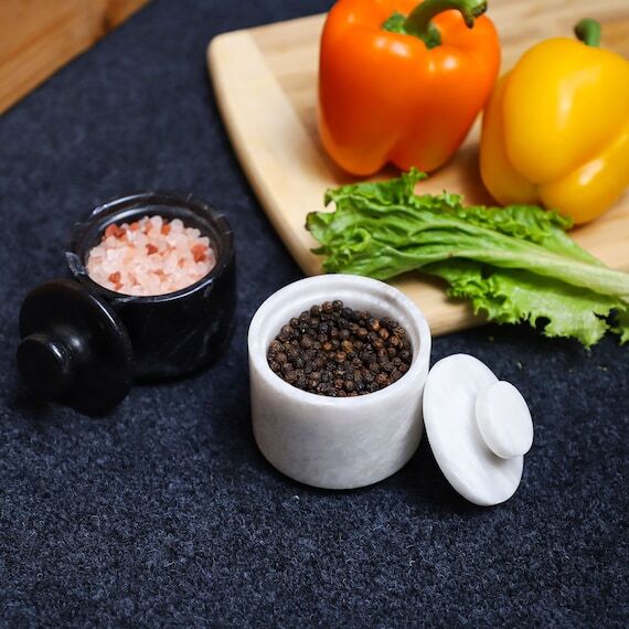 Marble Salt Cellar Set: Spice Jars, Salt Pig,...