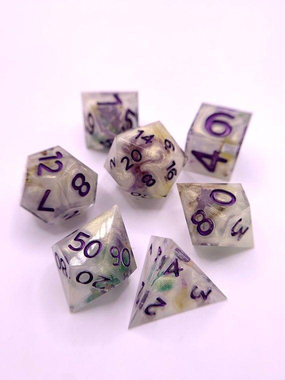 Handmade Resin Dice Set: Misty Meadow with Pu...