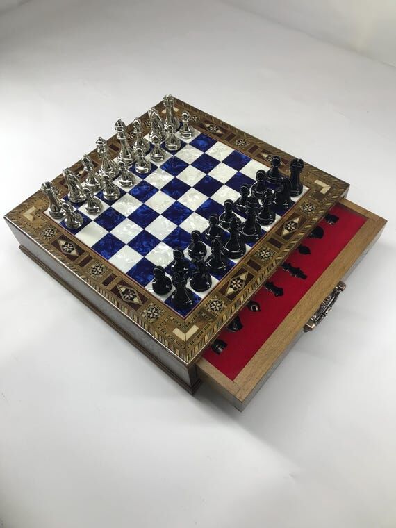 Antique Wooden Chess Set with Metal Pieces ...
