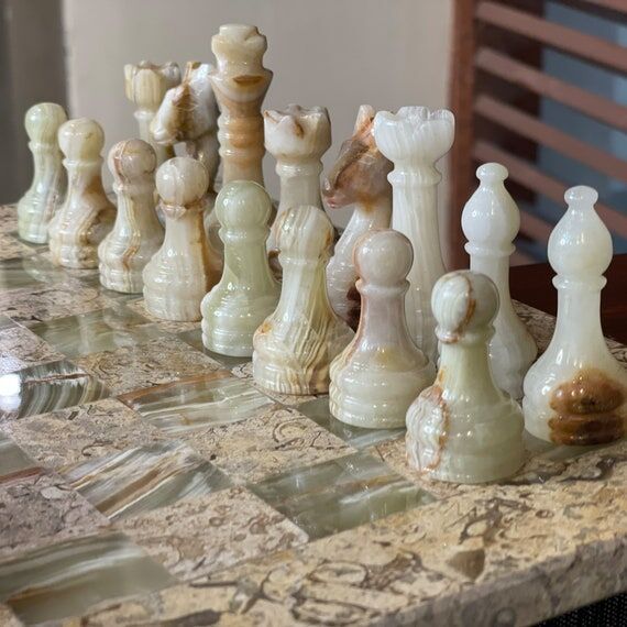 Handmade Green Onyx and Fossil Coral Chess P...