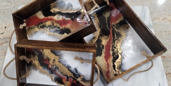 Handmade Wooden Trays with Resin interior Red...