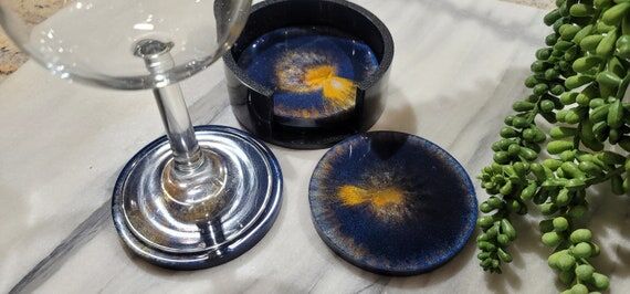 Handmade Dark Blue and Gold 4-piece Resin Coa...