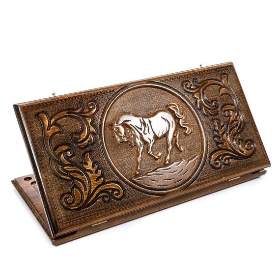 Wooden Backgammon Set Engraved Horse: HANDMAD...