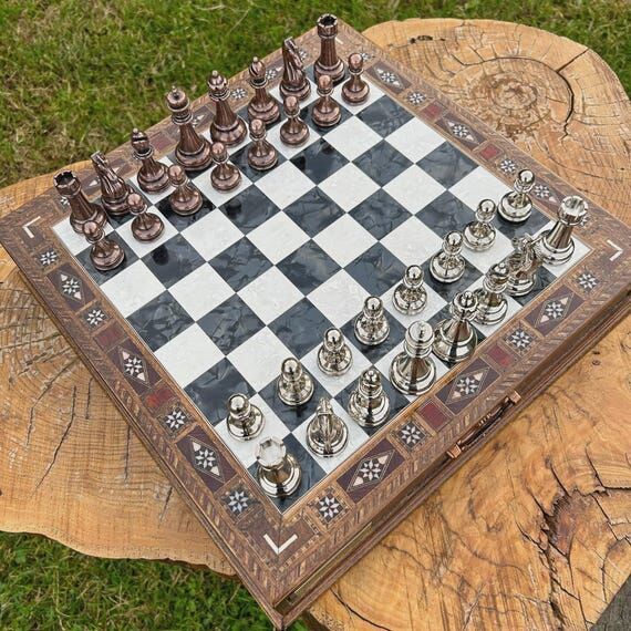 Wooden Chess Set with Drawer Storage - Handma...