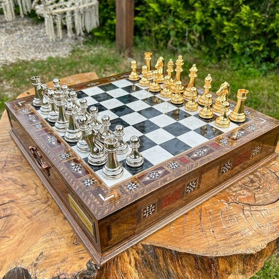 Wooden Chess Set: Handmade Mosaic Board and M...