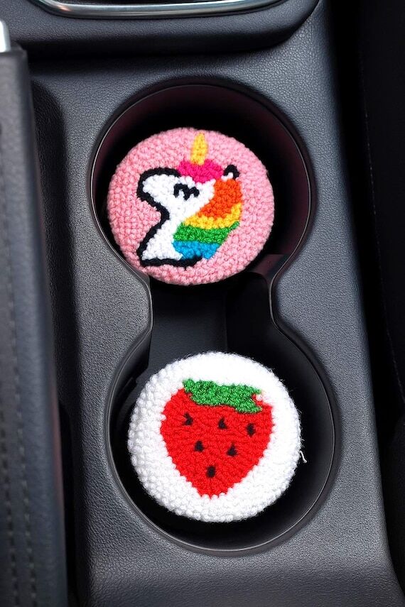 Punch Needle Car Coasters (Set of 2): Handmad...