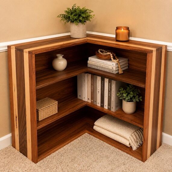 Handcrafted Corner Bookcase, Premium Walnut M...