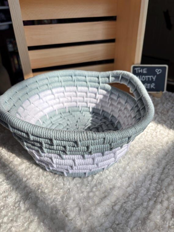 Handmade Misty Blue & White Coiled Rope Baske...