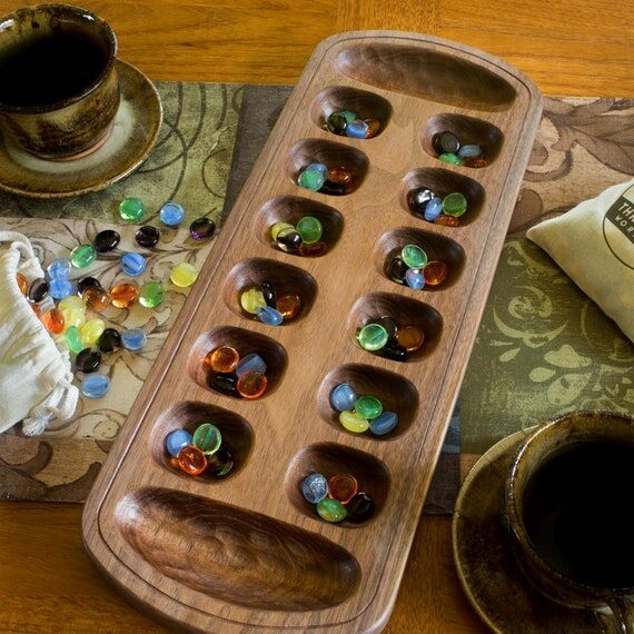 Handcrafted Mancala Board: Solid Walnut, Cher...