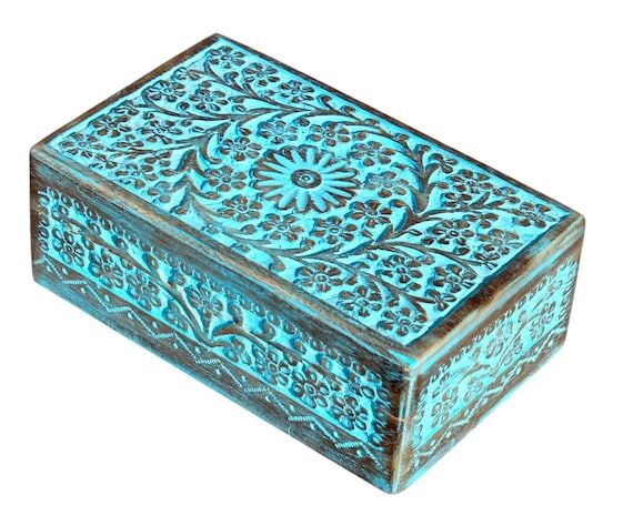 Carved Mango Wood Jewelry Box | Floral Keepsa...