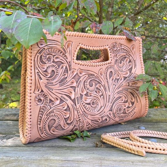 Hand-Tooled Leather Floral Clutch Crossbody ...