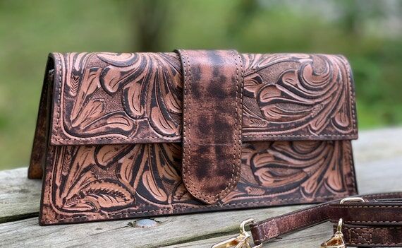 Hand Tooled Leather Crossbody Clutch Western ...