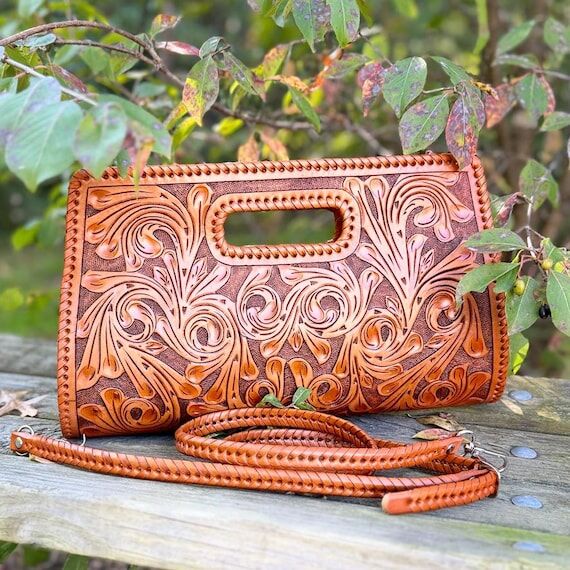 Hand-Tooled Leather Large Clutch Crossbody ...