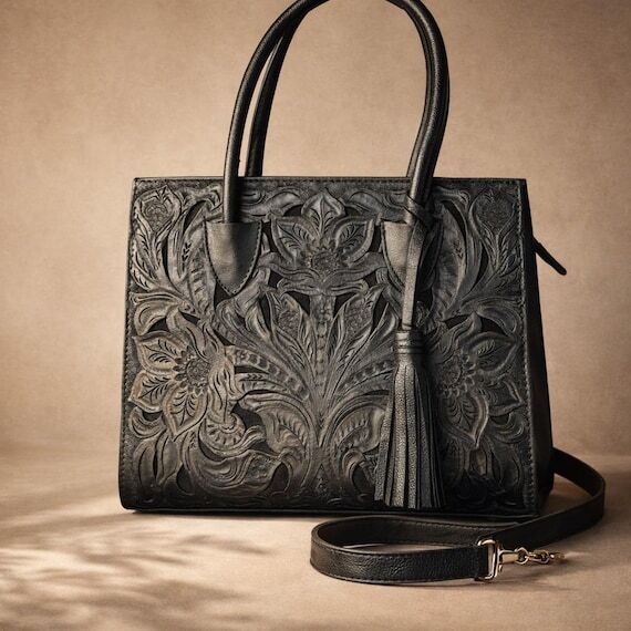 Handmade Leather Tote Bag Mexican Artisan Flo...