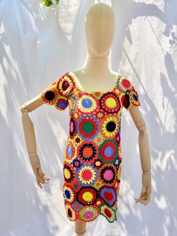 Colorful Crochet Mini Dress: Boho Cotton Beac...