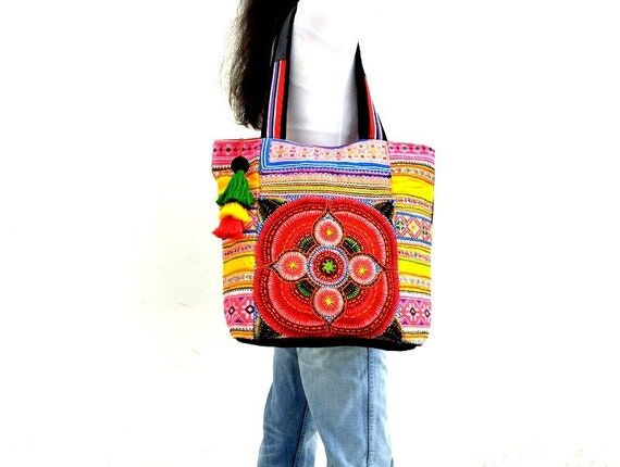 Vintage Embroidered Tote, Bohemian Bag, Ethni...