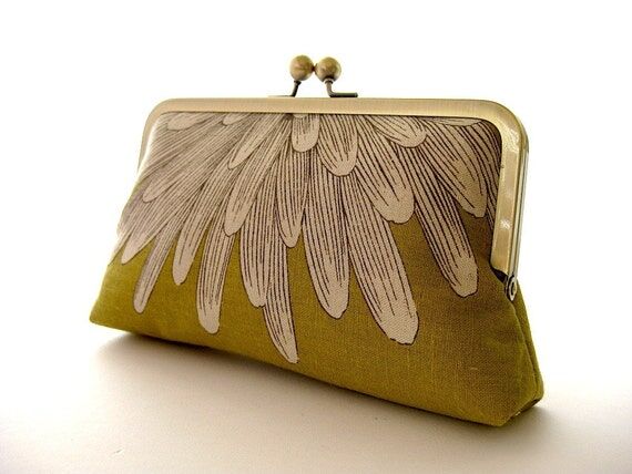 Chartreuse linen clutch bag, Chrysanthemum pe...