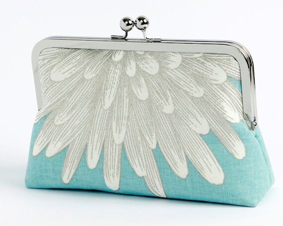 Light blue Chrysanthemum Linen Clutch: Silk L...