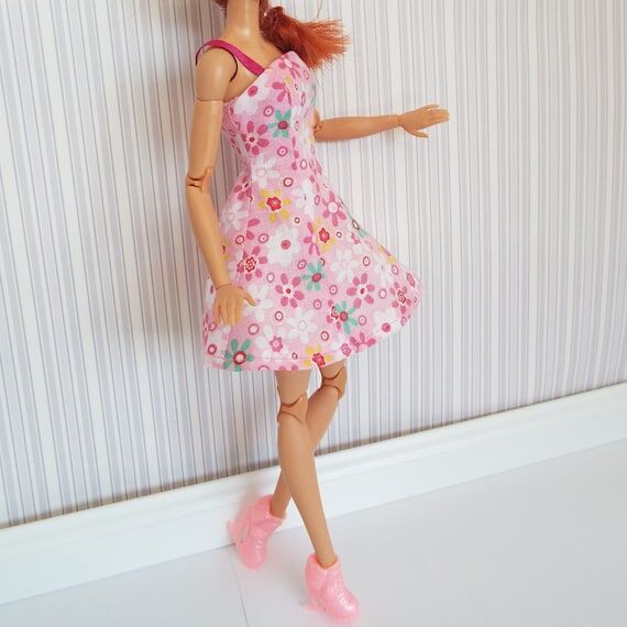 Handmade Pink Floral Doll Dress: Fits 11.5-in...