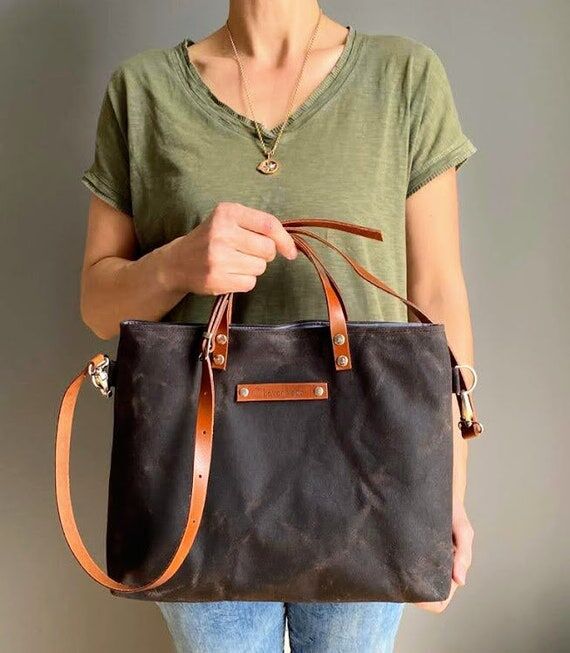 Waxed Canvas Tote: Small Brown Unisex Carryal...