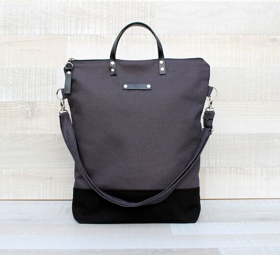 Unisex Canvas Tote Bag: Dark Grey & Black, Le...