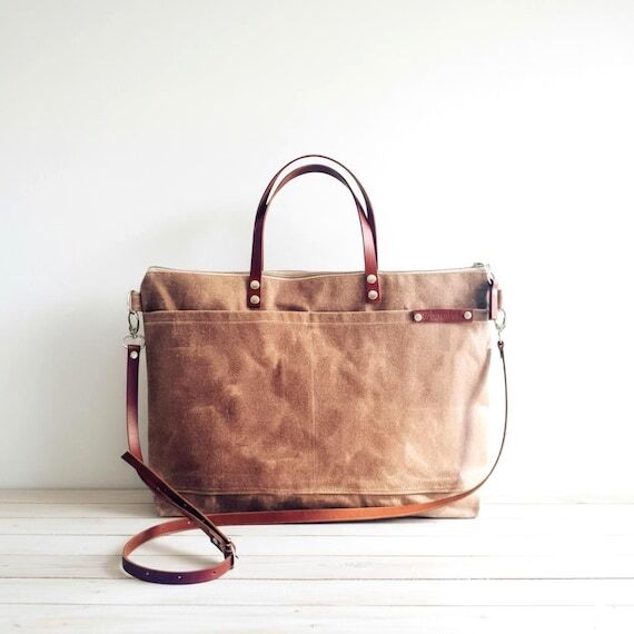 Waxed Canvas Weekender Tote Bag in BEIGE / TA...