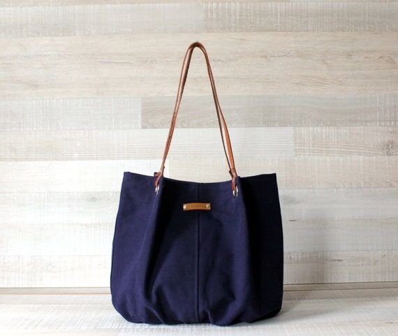 Handmade Navy Canvas Tote Bag: Large Leather ...