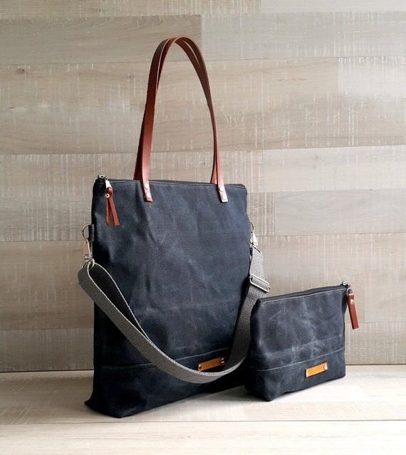 Waxed Canvas Tote Bag: Charcoal Milano with L...