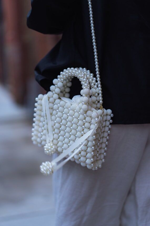 Handmade Pearl Beaded Bag: Small White Purse...