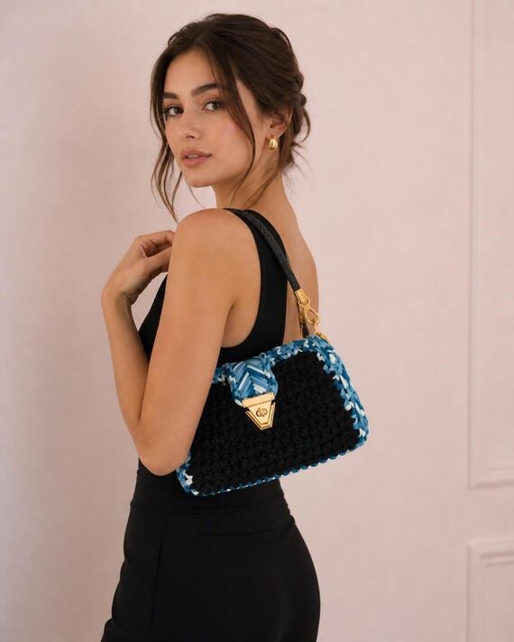 Handwoven Crochet Shoulder Bag, Navy Blue Chu...