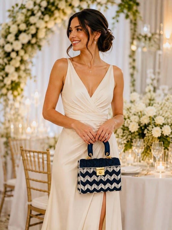 Navy Blue Silver Chevron Woven Handbag, Gold ...