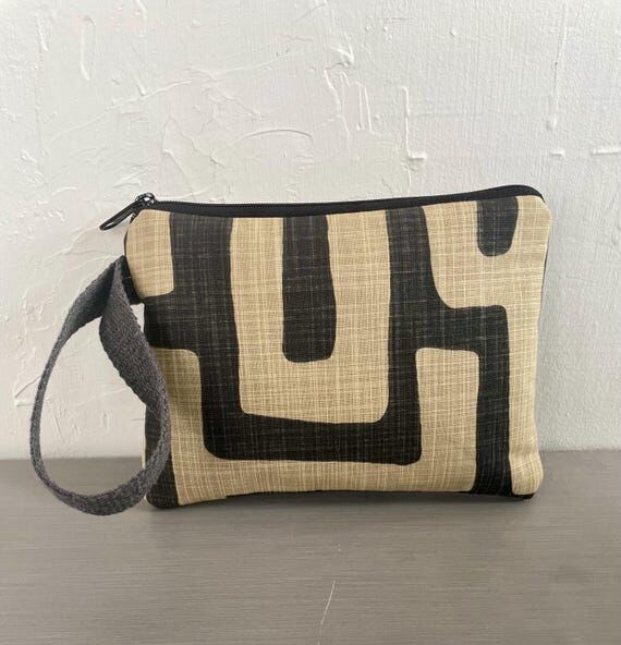 Black and Beige Canvas Clutch Purse, Zippered...