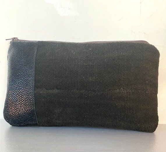 Black Mudcloth and Leather Clutch Purse...