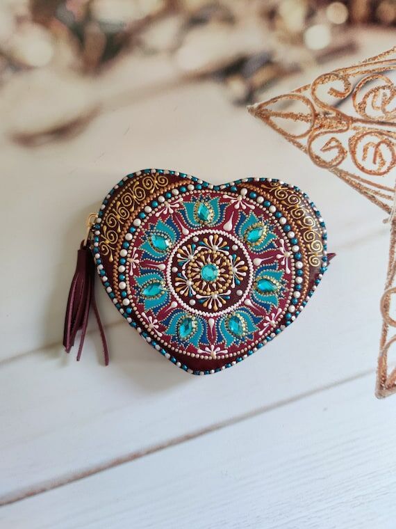 Hand-Painted Mandala Heart Leather Passport W...