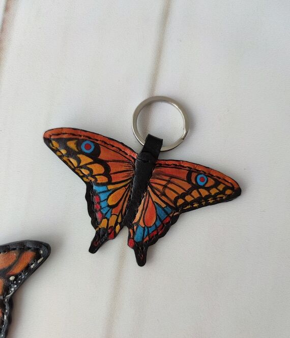 Hand-Painted Leather Butterfly Keychain: Uniq...
