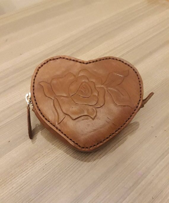 Handmade Brown Leather Coin Purse: Rose Carve...