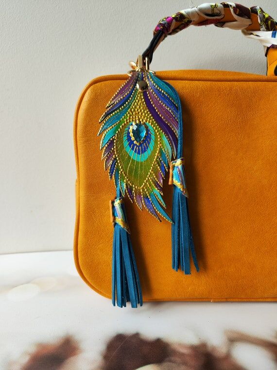 Hand Painted Leather Peacock Feather Charm: T...