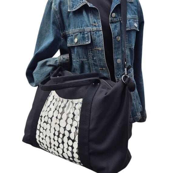 Large Black Canvas Travel Tote Bag: Black and...