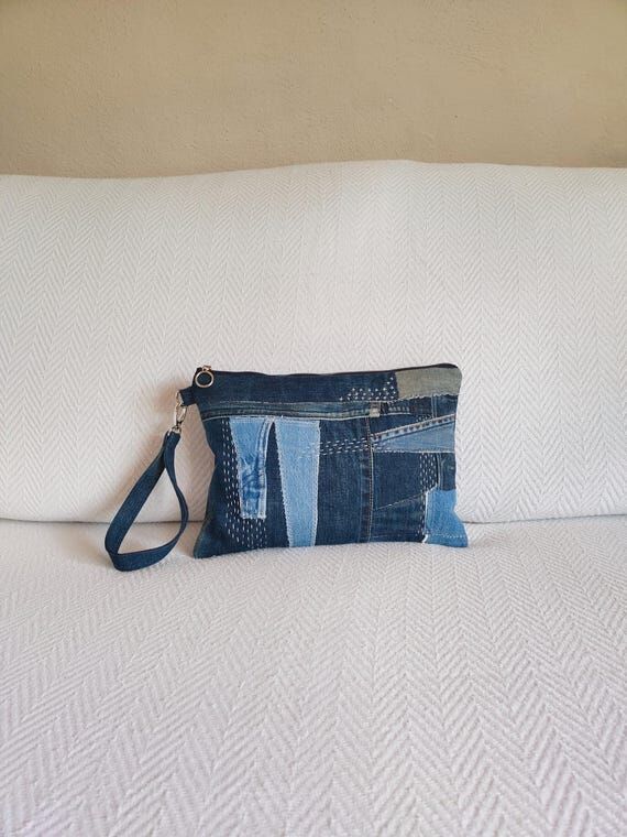 Upcycled Denim Wristlet, Patchwork Boro Bag S...