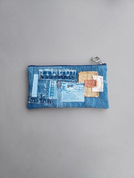 Upcycled Boro Denim Pouch, Sashiko Hand Stitc...